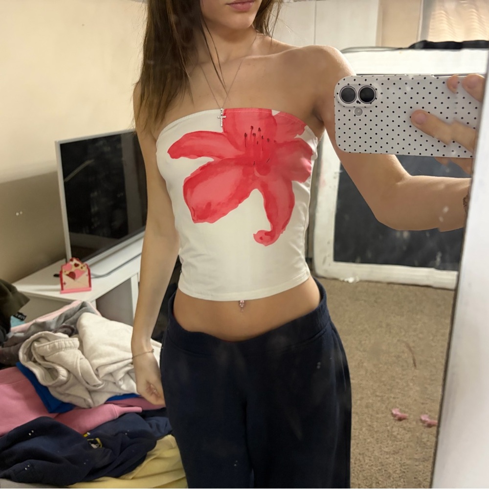 Floral Strapless Top - White and Red - Picture 1 of 2